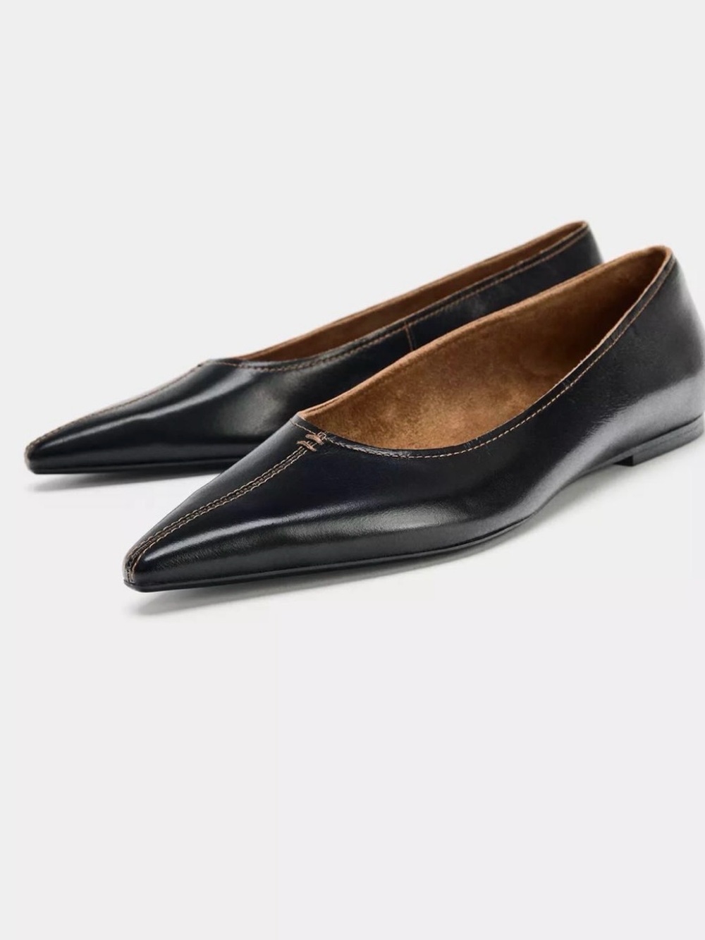 ZARA Leather Ballet Flats with Topstitching US 10 (EU 41)